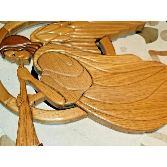 Vintage Carved Guardian Angel Wall Sculpture All Wood Wall Decor Art Signed 1997